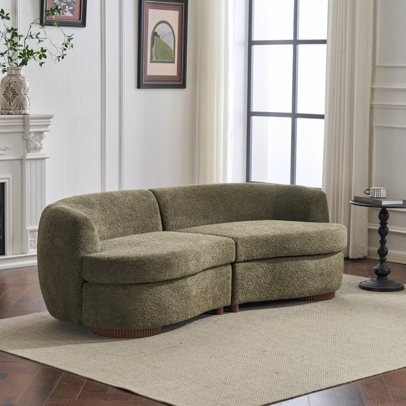 Canapé modulaire 3 places Korrin de 206 cm de large, en boucle moderne incurvée, avec base en bois cannelée, pour salon