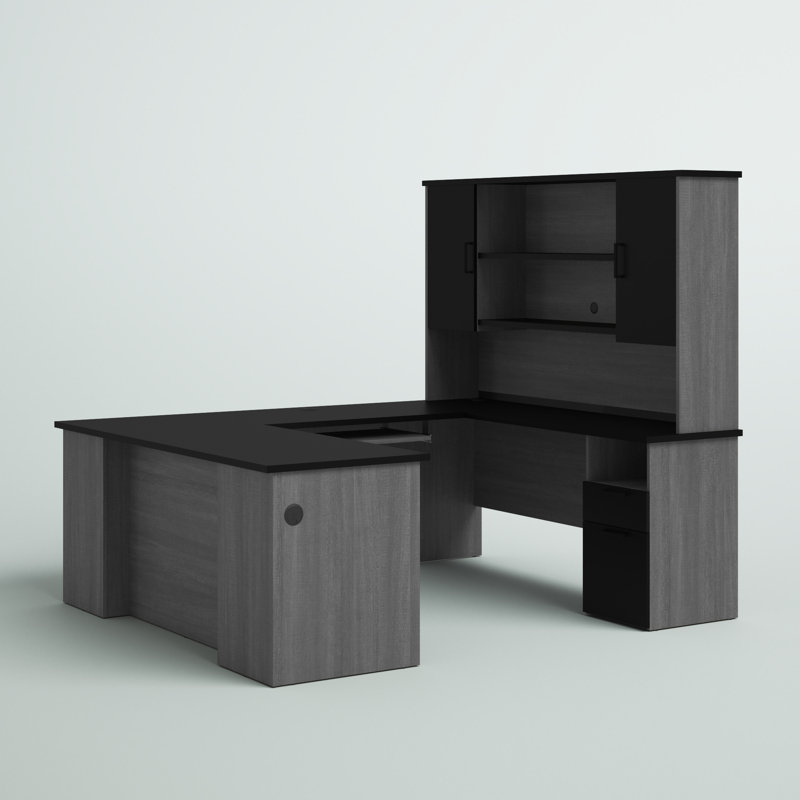 Bureau en U réversible avec rehausse Ocke, Noir / gris écorce