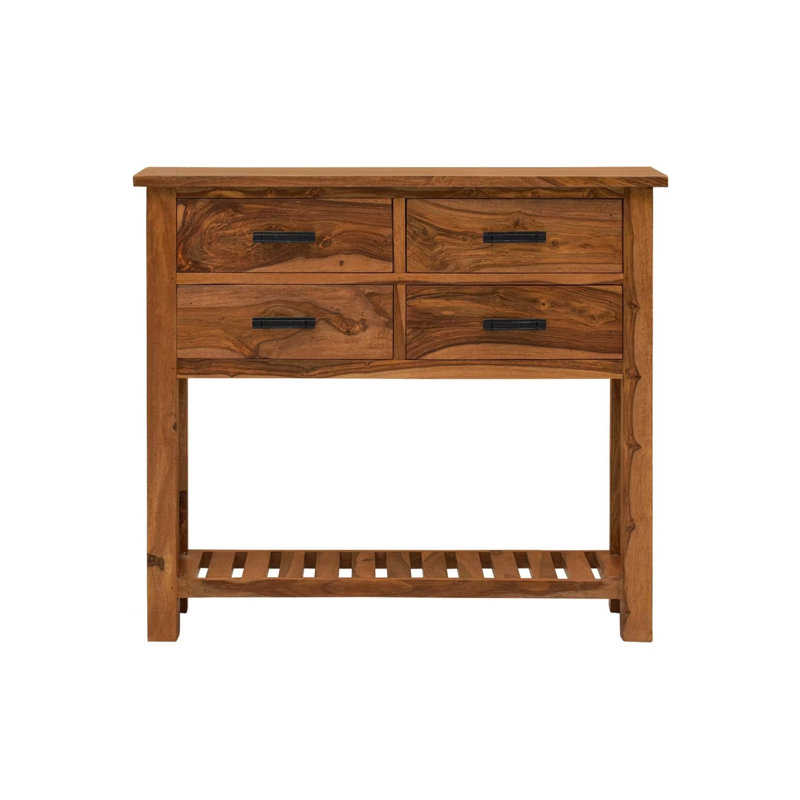 Table d'appoint Nora en bois d'acacia massif avec 4 tiroirs et une tablette inférieure, brun naturel