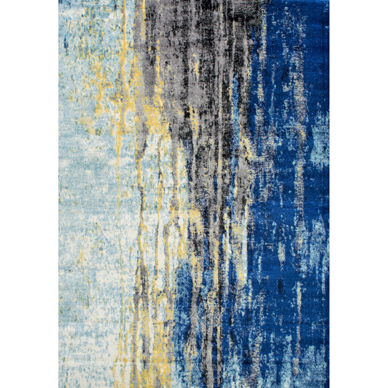 Melanarka Abstract Power Loom Performance Blue Rug, Rectangle 3' x 5'