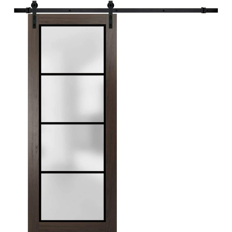 Porte de grange robuste en verre trempé dépoli Planum 2132 Frêne Chocolat, rail noir de 2 m (6,6 pi), quincaillerie robuste, portes intérieures modernes à panneaux pleins - 91,4 cm x 243,8 cm (36 po x 96 po) - Rail noir
