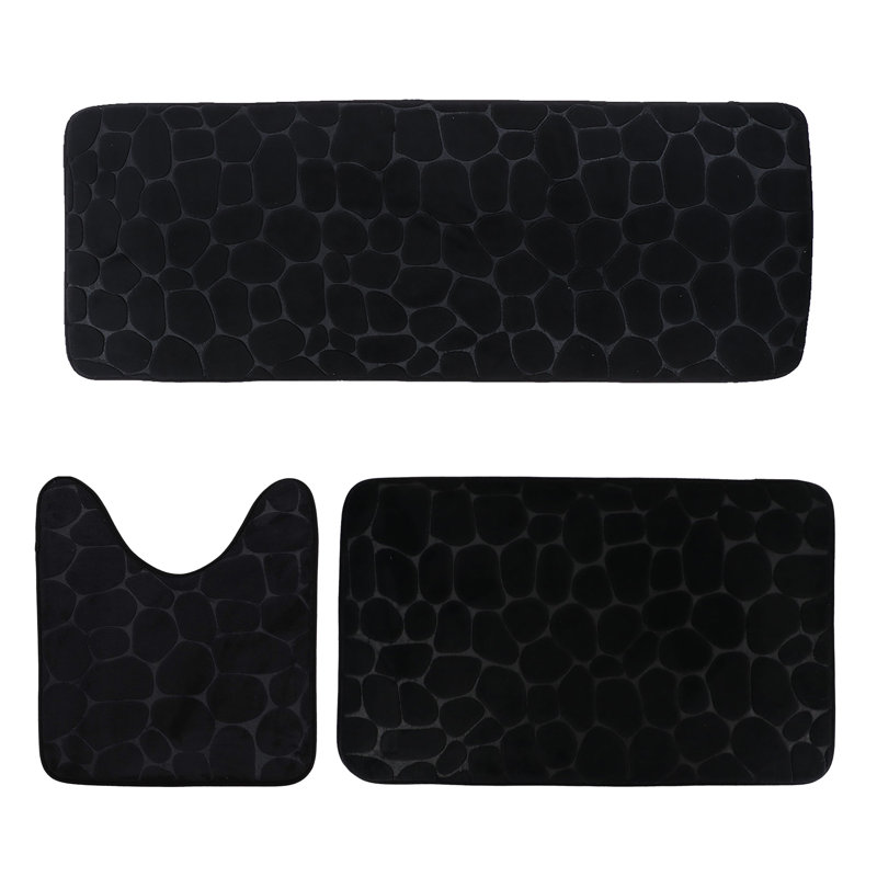 Memory Foam Bathroom Rugs Set 3 Piece Pebble Stone, Black