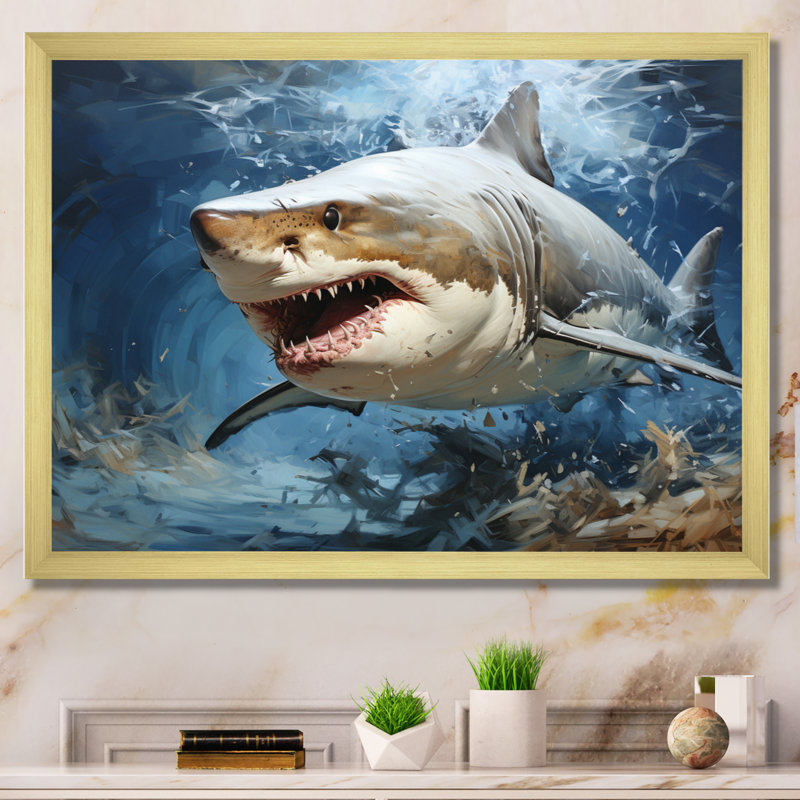 " Gray Teal Shark Stride ", 34" H x 44" W x 1.5" D, Gold Single Picture Framed