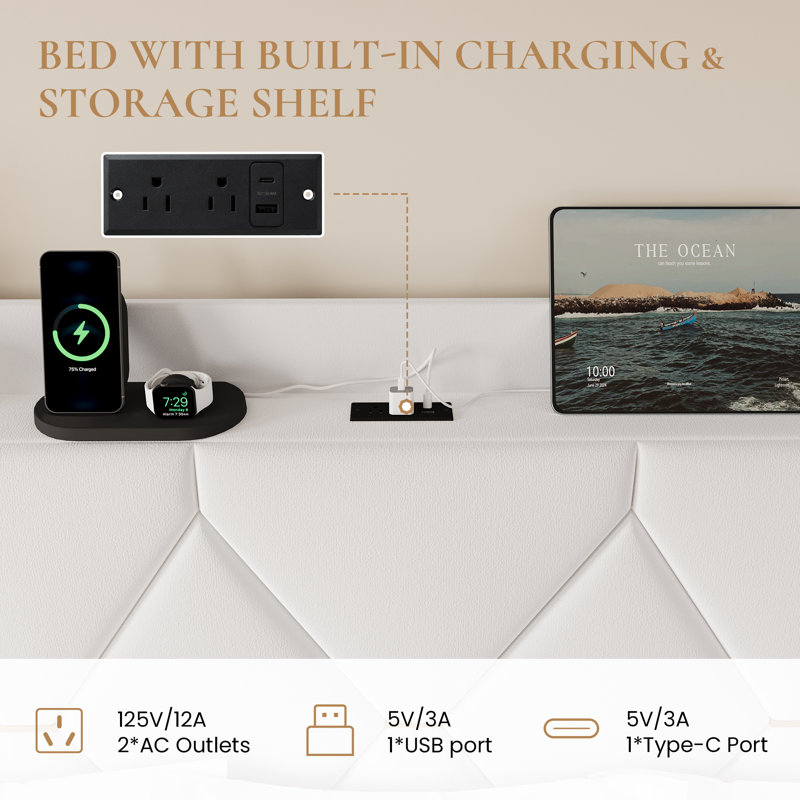 Modern Tufted Velvet Upholstered Bed With Charging Station & Storage Shelf ,No Box Spring Needed, Full, White