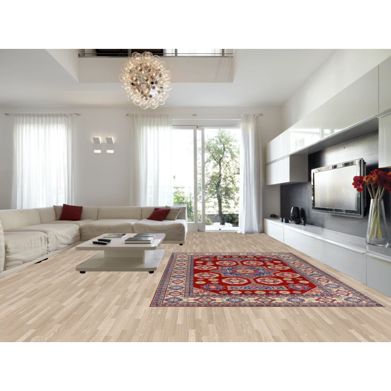 Tapis oriental rouge en laine à motif géométrique Kazak 8 x 13