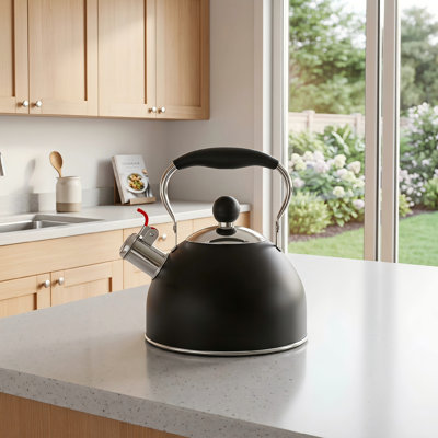Théière sifflante en acier inoxydable de 2 pintes en acier inoxydable, avec poignée rabattable ergonomique pour un transport facile, bien adaptée pour faire du thé et du café.