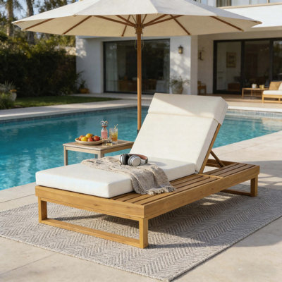Teak Finish Acacia Wood Outdoor Chaise Lounge with 4-Inch Beige 4-Fold Cushion 4-Position Adjustable Recliner Built-In Side Table 600lbs Patio Poolside Sun Lounger