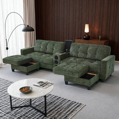 Modern 126-inch U-Shaped Sectional Sofa with Bluetooth Speakers LED Lights Storage Ottomans and Console