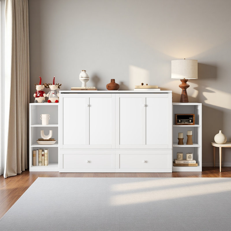 Lit escamotable double avec tiroirs et tablettes de rangement spacieux. Idéal pour les chambres d'amis ou les chambres compactes
