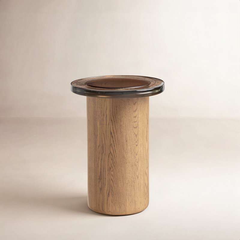 Shira Small End Table-Light Brown Oak, Smoked Brown Cast Glass