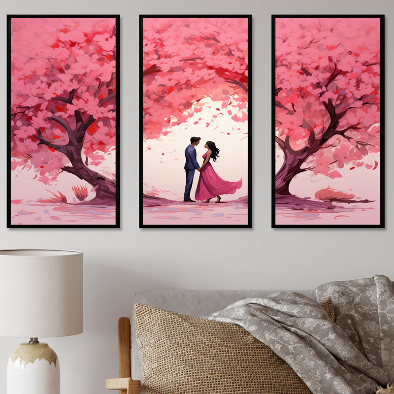 Couple Love Under The Tree II - Paysage romantique, art mural, Cadre flottant noir, H 28 po x l 36 po x P 1 po