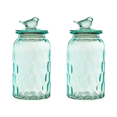 10 Strawberry Street Textured Glass Bird Canister, Dimpled Round, Blue