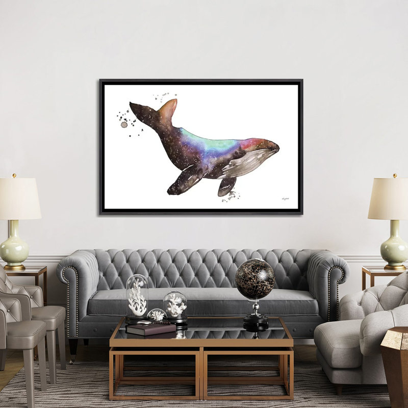 «Galaxy Whale» par Kelsey McNatt - reproduction d'art, Aucun mat, Toile avec cadre noir patiné, H 40 po x l 60 po x P 1,5 po