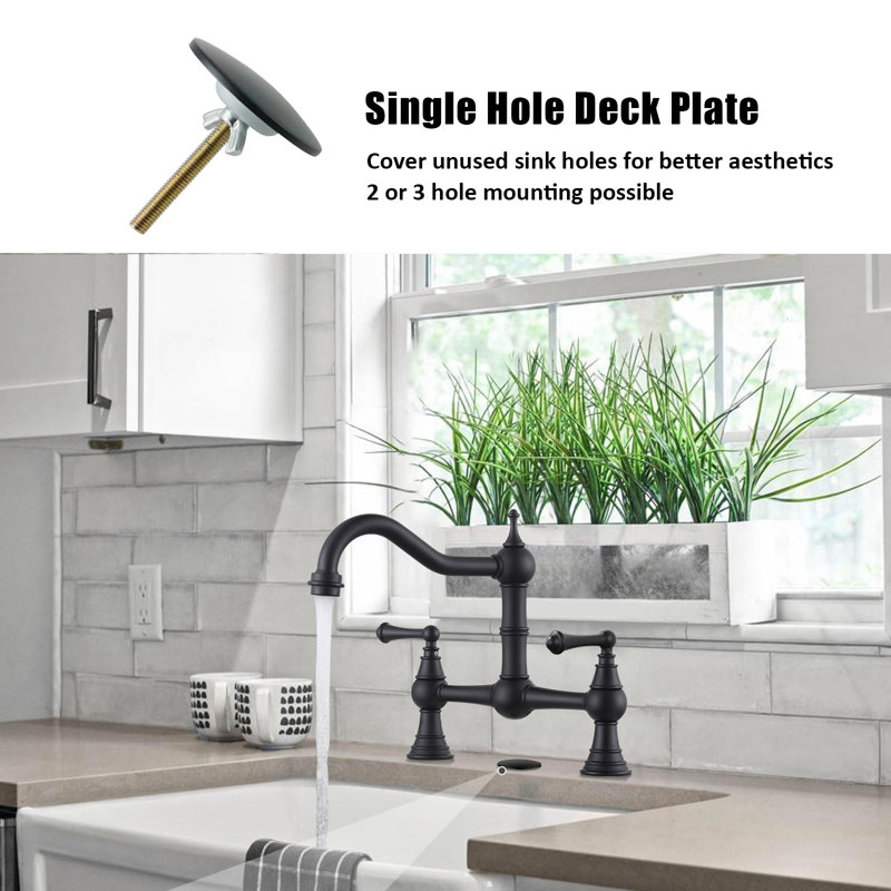 Bridge-Style Kitchen Faucet, 2 Or 3 Hole Bridge Faucet, 2 Handle Kitchen Sink Faucet 360° Rotating Faucet, Black
