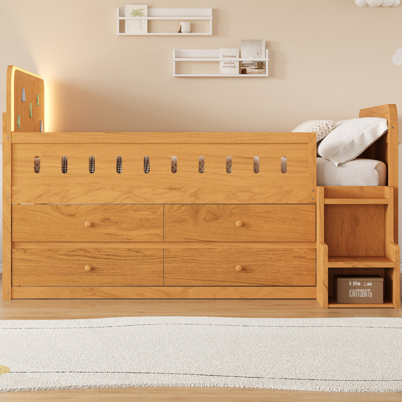 Bed With Led Light And 4 Drawers, Wood