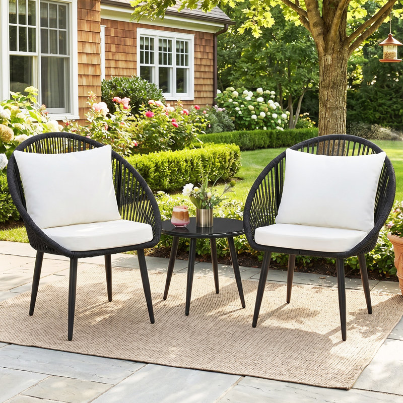 3-Piece All-Weather Woven Rope Bistro Set with Cushions & Side Table – Ideal for Patio, Deck, Balcony, Poolside, Black
