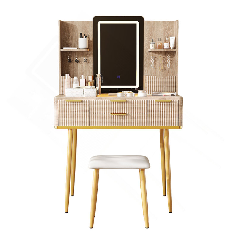 Bureau de coiffeuse avec miroir à DEL et détails sculptés, table de maquillage cannelée avec pieds en métal et tabouret en polyuréthane, coiffeuse sculptée avec rangement pour bijoux pour la chambre à coucher