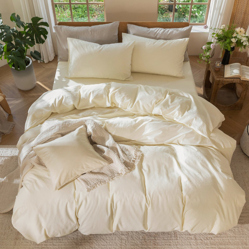 MooMee Lightweight Duvet Cover Set with Zipper Closure 8 Ties 100% Washed Cotton Linen Like Textured Soft Breathable All-Season
