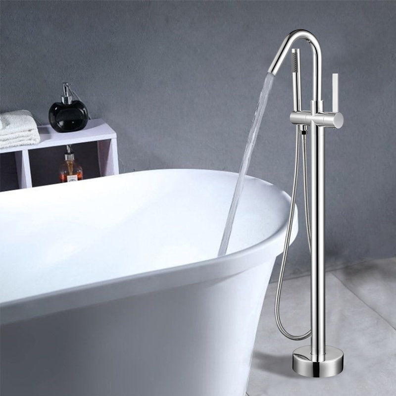 Single Handle Floor Mounted Tub Filler Trim with Handshower, Polished Chrome