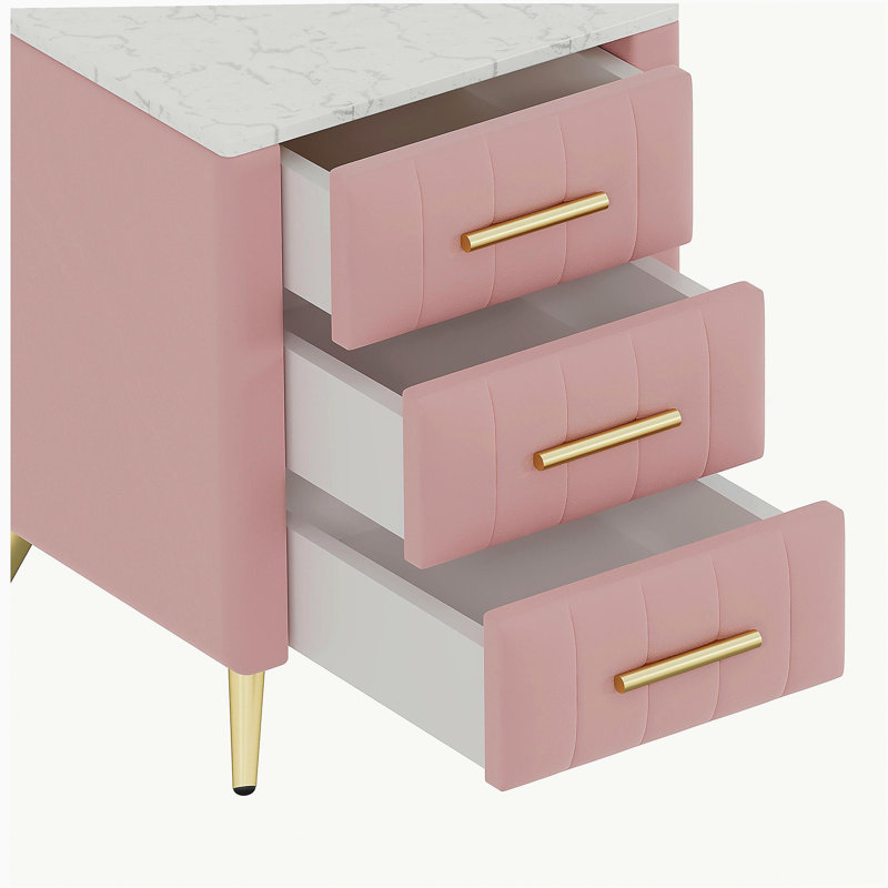 Table de chevet rembourrée en velours avec 3 tiroirs, pieds et poignées en métal, table de chevet à plateau marbré - rose