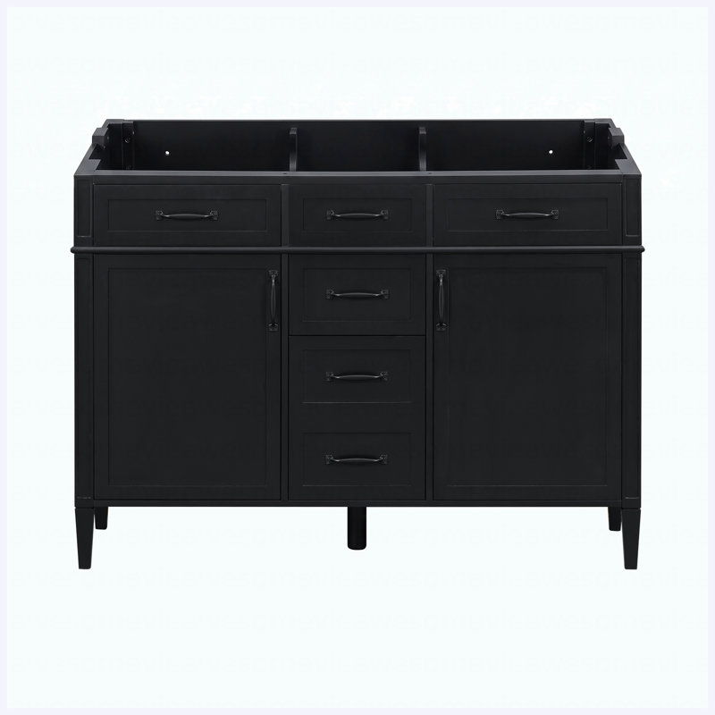 48" Freestanding Bathroom Vanity Base Cabinet Only, 4 Drawers & 2 Doors with Adjustable Shelves, Black Metal Handles, Black, MDF