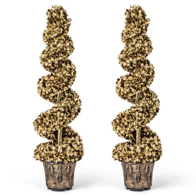 4 Ft Artificial Topiary Spiral Tree Set Of 2 With Vintage Plastic Nursery Pot