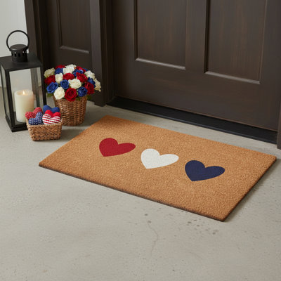 24" X 36" Brown Red White And Blue Three Hearts Outdoor Coir Door Mat
