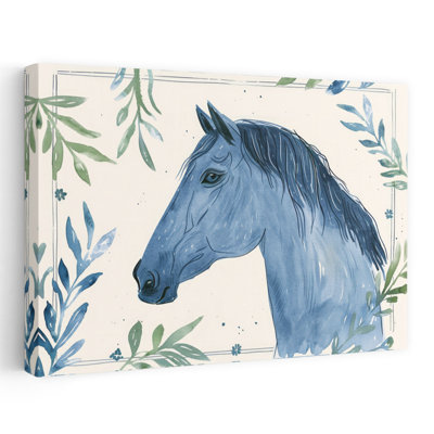 Watercolor Blue Horse Peaceful Rustic Serene Horse Nature Landscape Wall Art Print by Mathieu - Wrapped Canvas Print