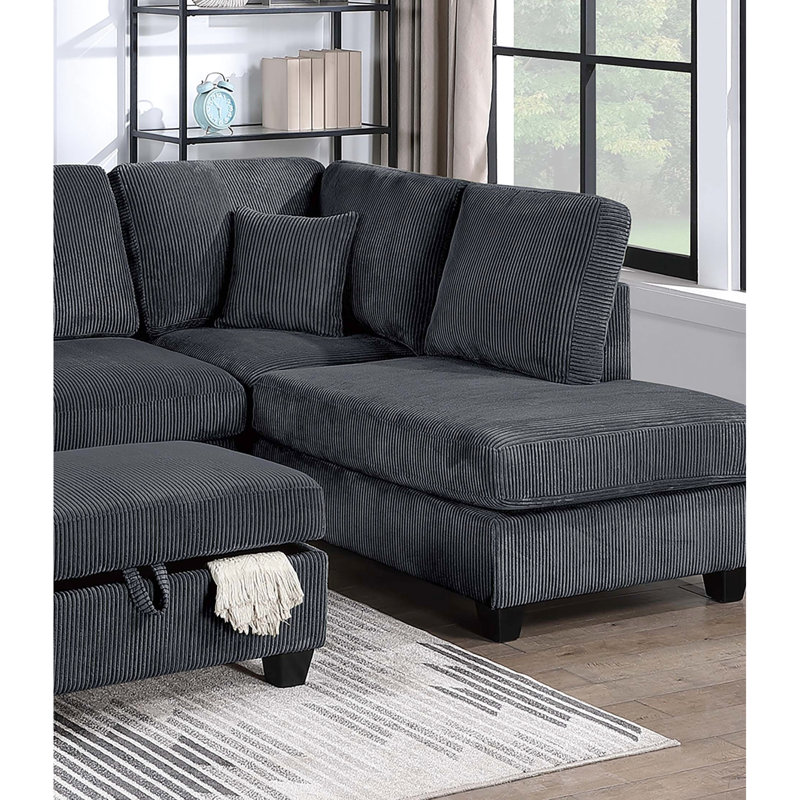 Canapé d'angle contemporain 3 pièces avec méridienne à droite, méridienne à gauche avec rangement et coussins assortis pour salon. Ensemble de 3 pièces moderne avec jeté de canapé.