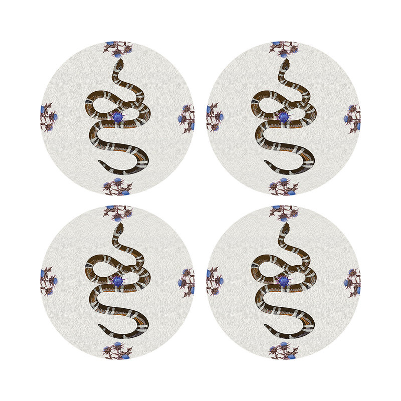 Thistle And Snake Pink Vegan Leather Round Coasters, Blue White