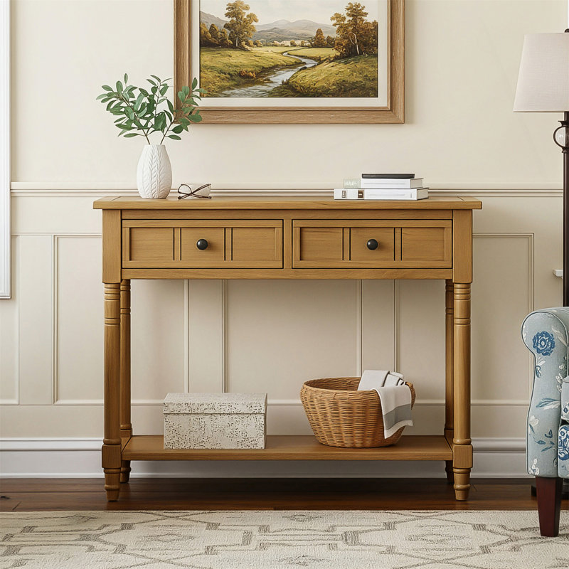 Console de style traditionnel avec deux tiroirs et une tablette inférieure, Bois naturel