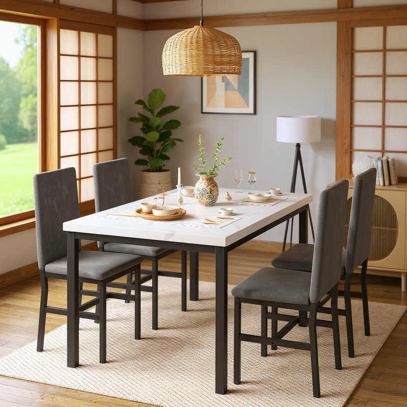 Janece 5 - Piece Dining Set with Velvet Upholstered Dining Chairs, Gray, Marble White/Blue Velvet