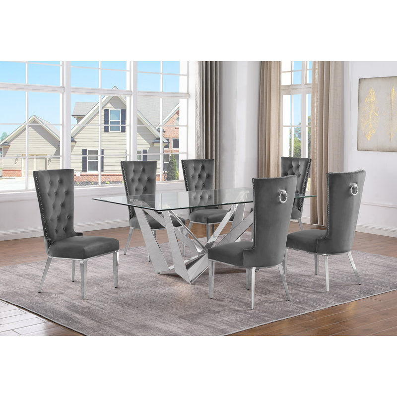 Lebanon Glass Top Trestle Dining Set, Dark Gray/Silver, 7