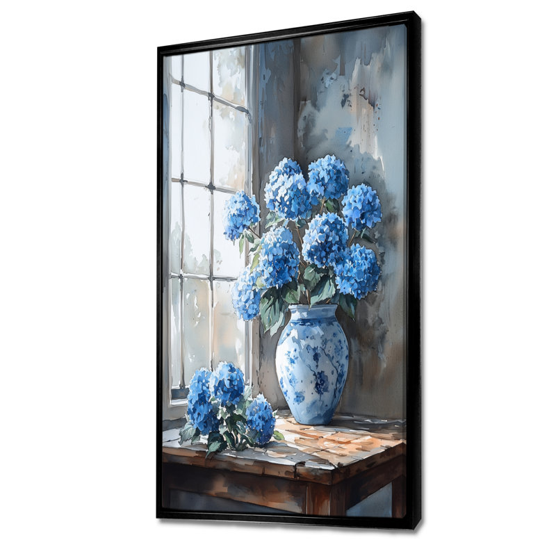 Hortensias dans une nature morte scène II - hydrangées, art mural, H 60 po x l 28 po, Impression encadrée sans passe-partout