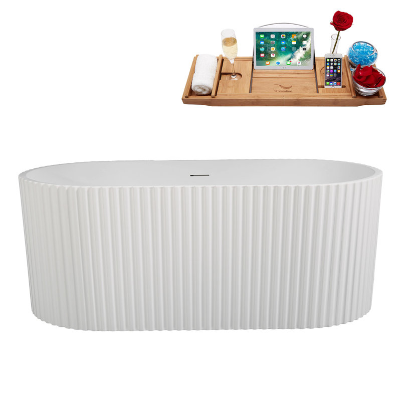 59" Streamline Soaking Matte White Freestanding Tub and Tray With Internal Drain, Brushed Gold