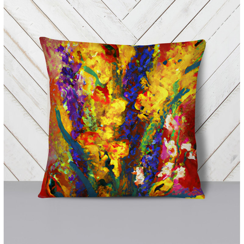 Throw Pillow With Insert, Blue/Green/Yellow Floral/Abstract 1, 16"H x 16"W