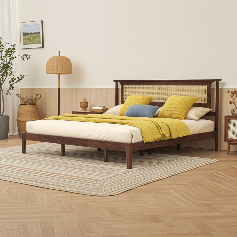 Lit plateforme en bois avec tête de lit en rotin en PE tressé et pieds de soutien renforcés, Très grand lit, Noyer
