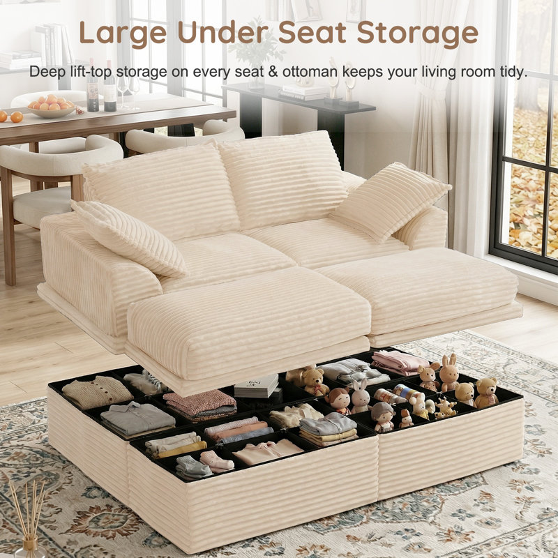 Oversized Corduroy Sectional Loveseat Sleeper Sofa, 4-Piece Modular Couch with Storage, 2 Ottomans & 2 Pillows for Living Room & Apartment, Easy Assembly Required