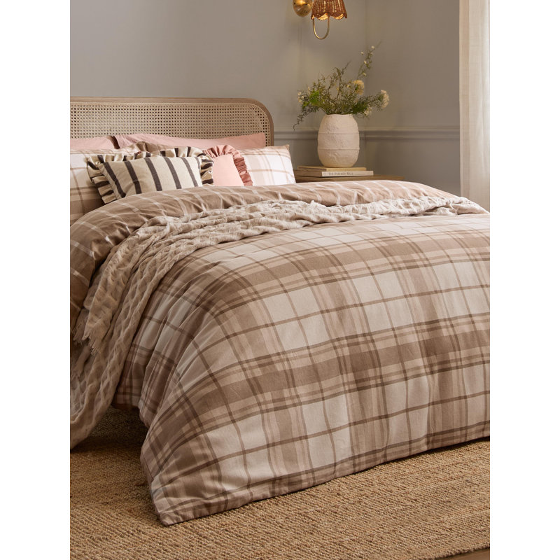 Braemar Check Cotton Chequered Duvet Cover Set, Single Bed (135x200cm) Duvet Cover + 1 Pillowcase, Cream; Brown Chequered