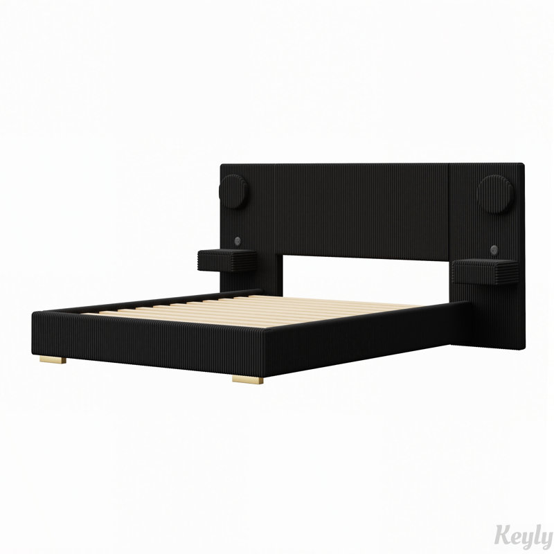 Lit plateforme rembourré avec éclairage circulaire DEL, port de chargement USB et tiroirs de rangement latéraux, Grand lit