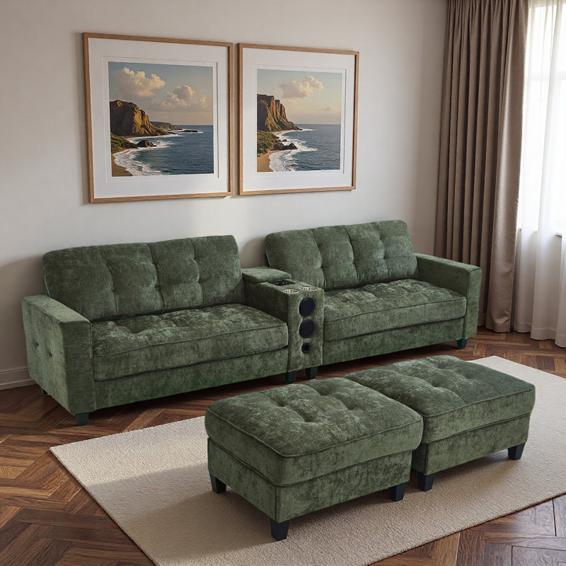 Canapé modulaire moderne en forme de U avec repose-pieds de rangement mobile, console multifonctionnelle, haut-parleurs Bluetooth et lumières à DEL