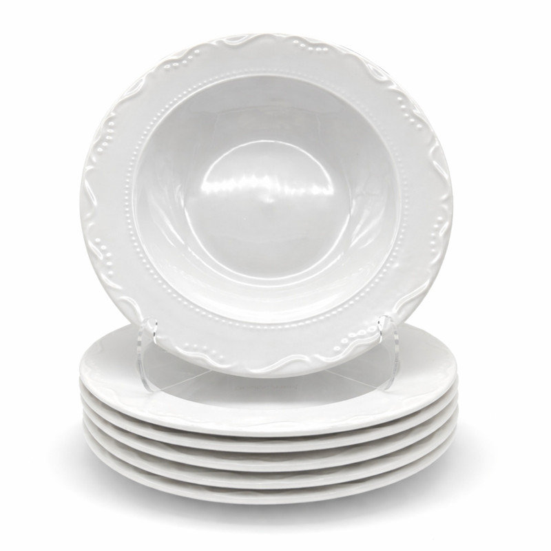Soup Bowl Pasta Plate 4pc Set Porcelain White Embossed Floral Dot Rim