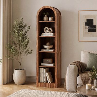 Mid-Century Modern Arched Storage Bookcase with Multi-Functional Open Display Shelves