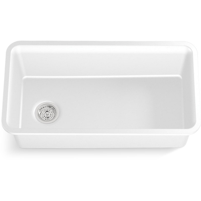 Cairn 33-1/2" x 18-5/16" x 9-1/2" Under-Mount Single-Bowl Kitchen Sink with Basin Rack, Matte White