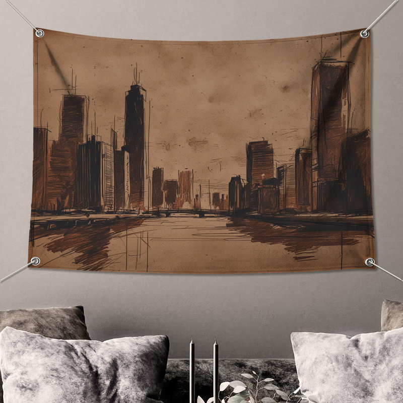 Tapisserie sépia - paysage urbain, 104 po H x 88 po avec 4 œillets
