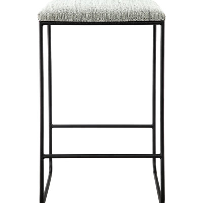 Tabouret de comptoir avec revêtement en faux lin gris moderne et structure en métal noir mat, sans assemblage - miroir de coussin de siège texturé