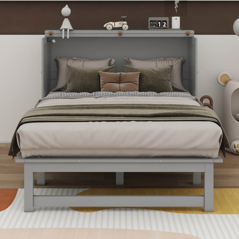 Lit escamotable Taghrid avec port USB et tablettes amovibles de chaque côté, Double, gris