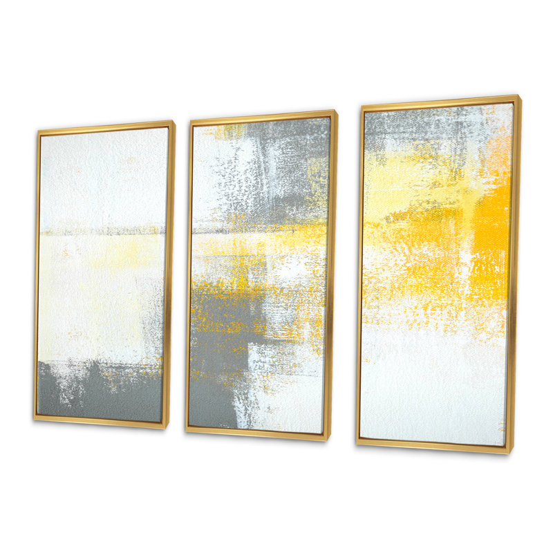 Gris et jaune bleu abstrait X - ensemble d'art moderne sur toile encadrée moderne de 3, H 28 po x l 36 po x P 1 po, Or