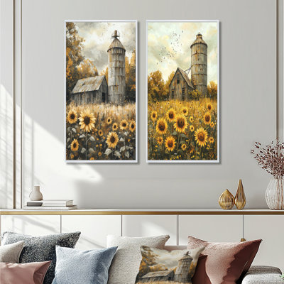 «Farm Sunflowers Around The Silo I», collection d'art mural floral 2 panneaux