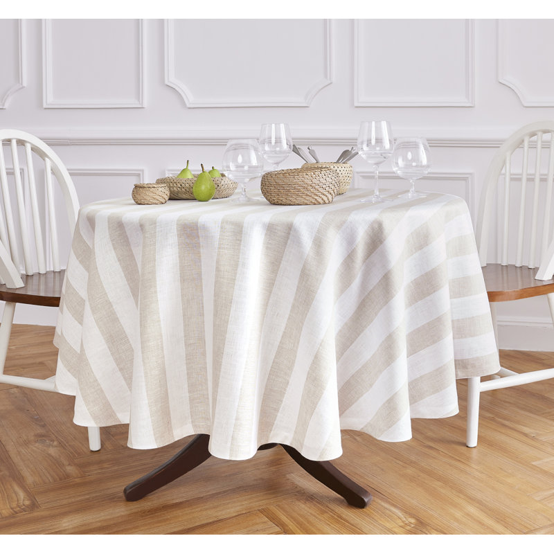 Cabana Stripe - 100% Pure Linen Round Tablecloth, 70" Round, Natural and White